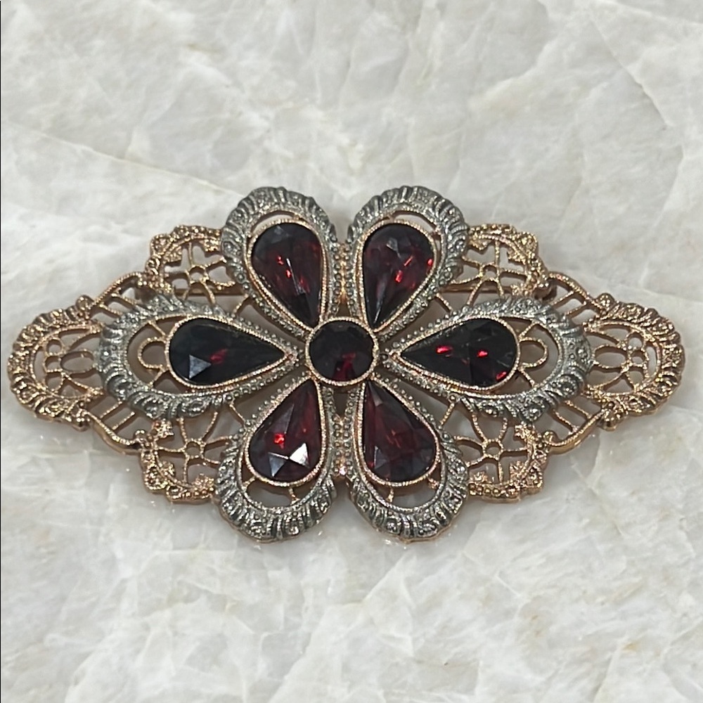 Elegant Gold and Red Floral Brooch